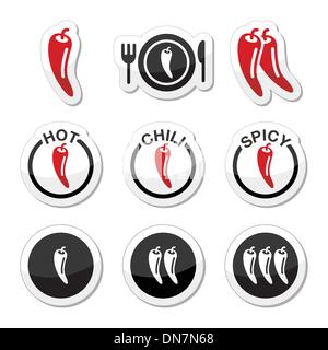 Chili peppers, hot and spicy food icons set Stock Vector