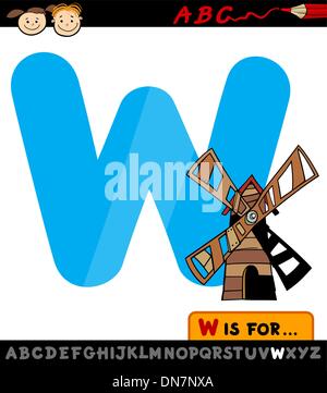 letter w with windmill cartoon illustration Stock Vector