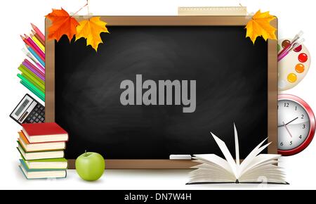 Back to school. Blackboard with school supplies. Vector. Stock Vector