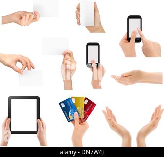 Set of hands holding different business objects. Vector illustra Stock Vector