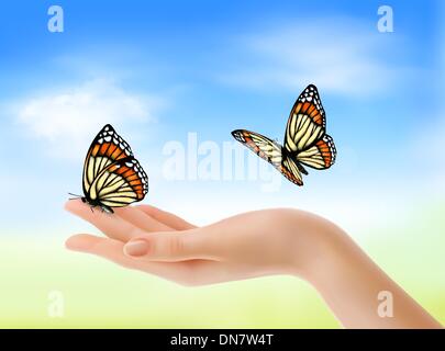 Hand holding a butterflies against a blue sky. Vector illustrati Stock Vector