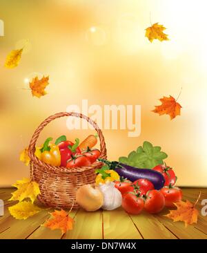 Autumn background with fresh vegetables in basket. Healthy Food. Stock Vector