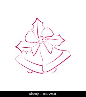 Sketch composition two Christmas bells with holly berry and bow Stock Vector