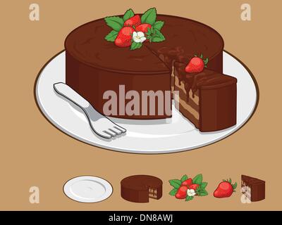 Chocolate Cake with Strawberry on Plate Stock Vector