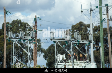 power sub station showing all the wires and fuse workings of the power station in rural town of australia Stock Photo