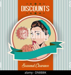 retro illustration of a beautiful woman and discounts message Stock Vector