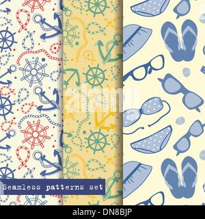 Set of three seamless pattern. Sea and beach theme. Easy editable, vector format. Stock Vector