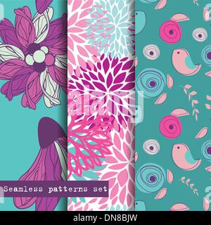 Set of three seamless pattern. Flowers and birds theme. Stock Vector