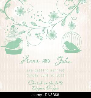 Wedding invitation with two cute birds in cages Stock Vector