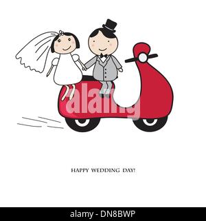 Bride and groom on the red scooter. Stock Vector
