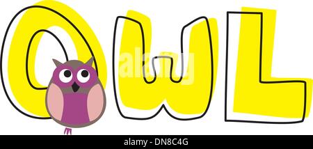 O is for owl - vector illustration with funny staring violet owl and hand drawn doodle yellow word. Stock Vector