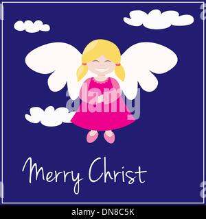 Vector card with Merry Christmas wishes and sweet smiling angel flying in the sky. Stock Vector