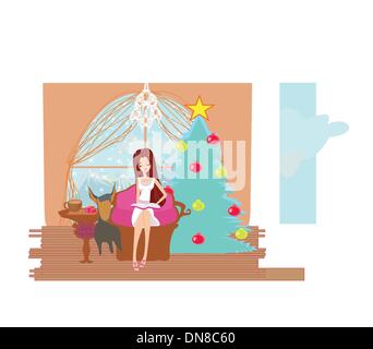 girl reading a book on a winter Christmas morning Stock Vector