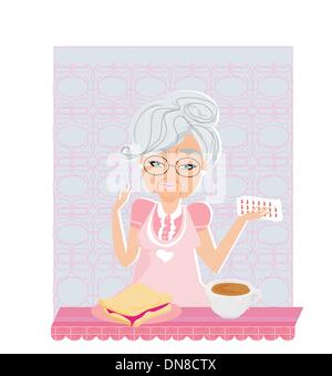 Elderly woman taking her medication with her meal Stock Vector
