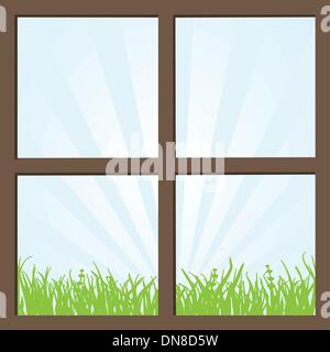 Summer field and mountains seen through the window. Stock Vector