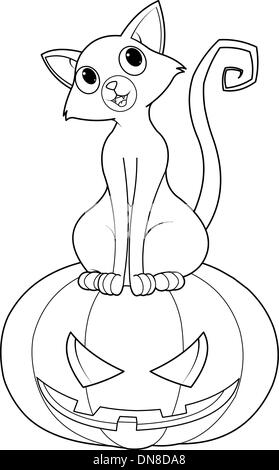 Halloween Cat on pumpkin coloring page Stock Vector