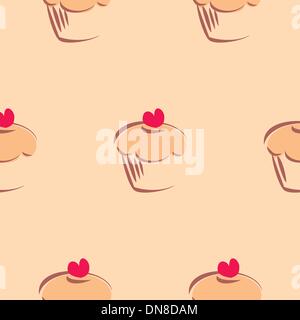 Seamless vector pattern or background with big cupcakes, muffins, sweet cake and red heart on top. Stock Vector