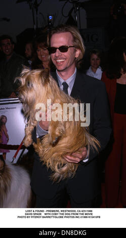 Apr. 21, 1999 - K15415FB    04/21/99.LOST & FOUND - PREMIERE, WESTWOOD, CA..DAVID SPADE WITH COBY THE DOG FROM THE MOVIE. FITZROY BARRETT/   1999(Credit Image: © Globe Photos/ZUMAPRESS.com) Stock Photo