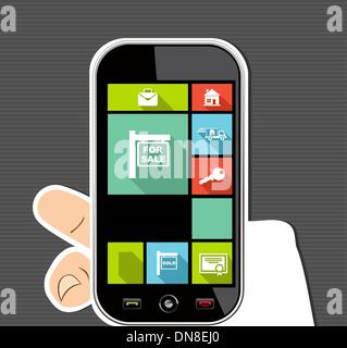 Human hand mobile colorful real estate UI apps flat icons. Stock Vector