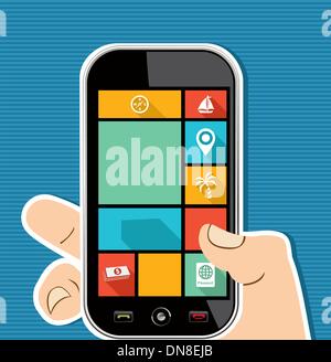 Human hand mobile colorful Travel UI apps flat icons. Stock Vector