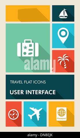 Colorful travel UI apps user interface flat icons. Stock Vector
