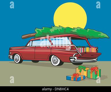 Station Wagon Christmas with Santa on Sleigh Stock Vector