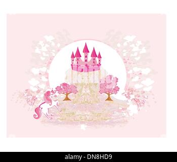 abstract image of a pink castle and unicorns Stock Vector