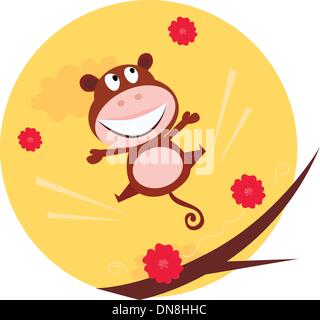 Happy jumping monkey and red flowers in the air Stock Vector
