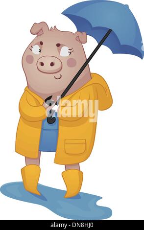 Cartoon Pig in Rain Gear. Stock Vector