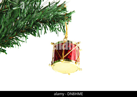 The Picture Red Druml hanging on branch Christmas tree. Stock Photo