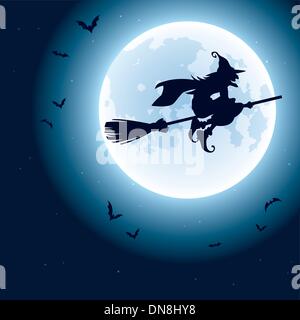 Witch flying over the moon Stock Vector