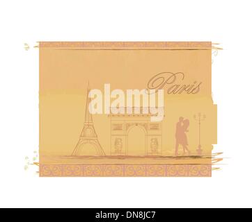 couple in love in Paris - vintage card Stock Vector