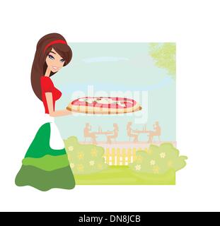 smiling waitress serving pizza Stock Vector