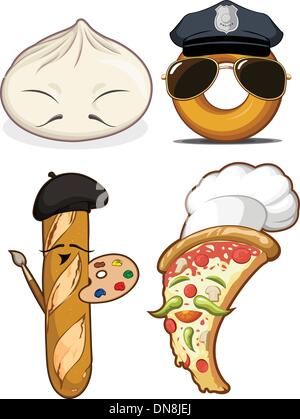 Food Set - Chinese Bun, French Bread, Pizza Chef & Police Doughnut Stock Vector