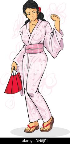 Girl Wearing Japanese Kimono Stock Vector