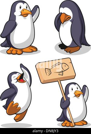 Penguin in Several Poses - Happy, Sad, Jumping & Holding Sign Stock Vector