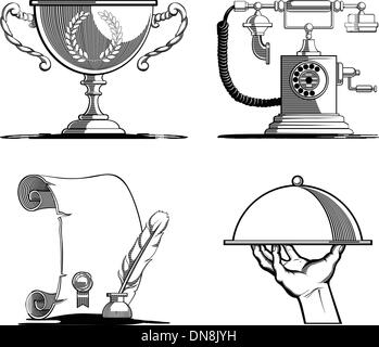 Retro Icons - Old Script, Telephone, Tray & Trophy Stock Vector