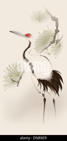 Oriental style painting, Red-crowned Crane Stock Vector