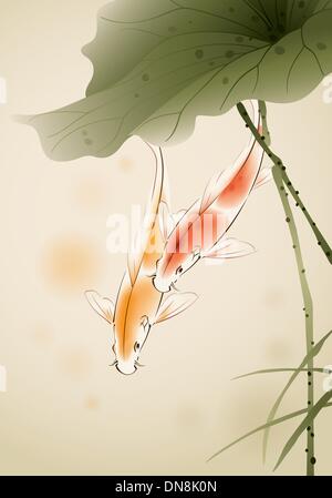 Koi fishes in lotus pond Stock Vector