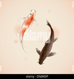 Yin Yang Koi fishes in oriental style painting Stock Vector