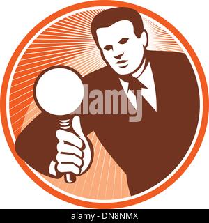 Businessman Holding Looking Magnifying Glass Woodcut Stock Vector