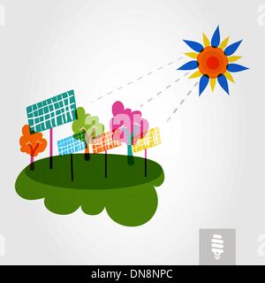 Go green city: sun, trees, and solar panels. Stock Vector