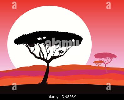 African safari background with red sunset and tree silhouette Stock Vector