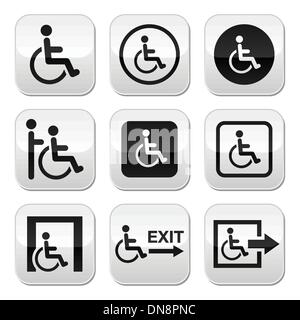 Man on wheelchair, disabled, emergency exit buttons set Stock Vector