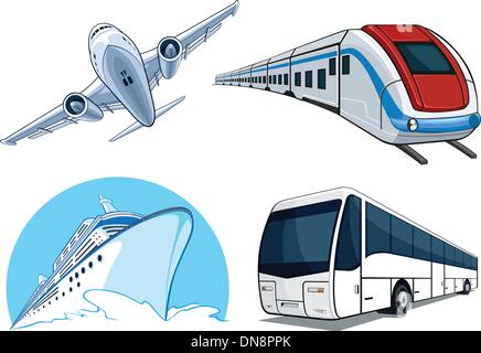 Travel Transportation Set - Airplane, Bus, Cruise Ship, and Train Stock Vector