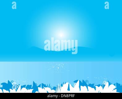 Blue sea landscape background with plant leafs Stock Vector