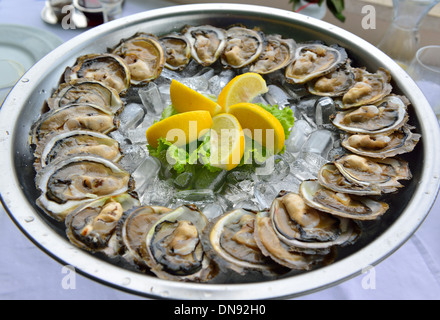 A dish of two dozen freshly served oysters in the famous Croatian waterside Bota Sare Restaurant, at Mali Ston, Croatia Stock Photo