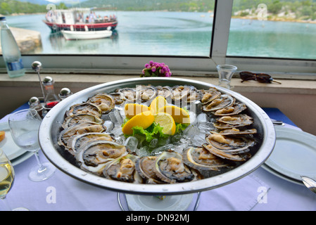 A dish of two dozen freshly served oysters in the famous Croatian waterside Bota Sare Restaurant, at Mali Ston, Croatia Stock Photo