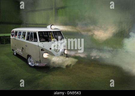 Split Screen VW camper van micro bus in mist Stock Photo