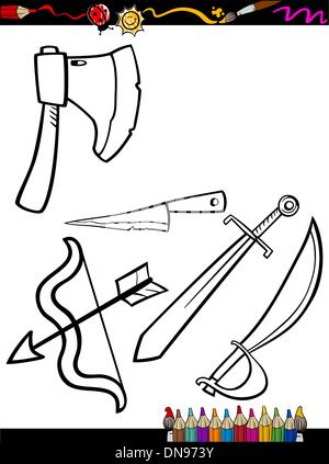 cartoon weapons objects coloring page Stock Vector